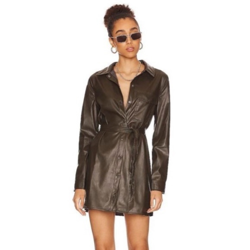 Sanctuary Faux Leather Shirt Dress in Dark Olive